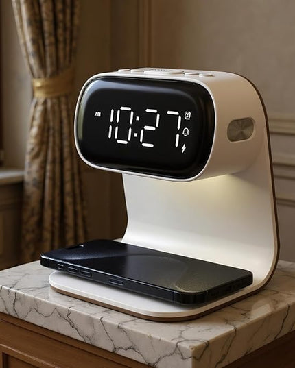 YIDPU Digital Alarm Clock with Wireless Fast Charging Station 15W Touch Smart Lamp for Bedside,3 Colors Nightlight Adjustment Night Lamp for Living Room,Bedside,Heavy Sleepers (White-01-Adapter)