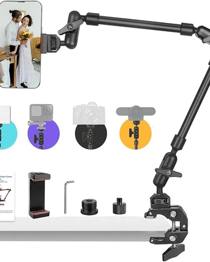 22" Magic Arm w Clamp, Overhead Phone Mount, Desk Camera Mount w Articulating Friction Boom Arm Thread Adapter, for Phone Video Light Webcam Microphone Action Camera Content Creators