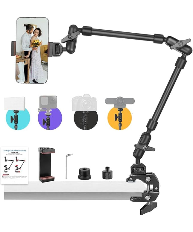 22" Magic Arm w Clamp, Overhead Phone Mount, Desk Camera Mount w Articulating Friction Boom Arm Thread Adapter, for Phone Video Light Webcam Microphone Action Camera Content Creators