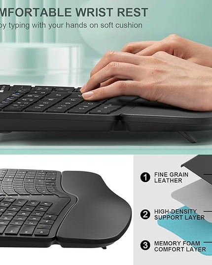 Arteck Split Ergonomic Keyboard with Cushioned Wrist and Palm Rest, 2.4G USB Wireless Comfortable Natural Ergonomic Split Keyboard, for Windows Computer Desktop Laptop