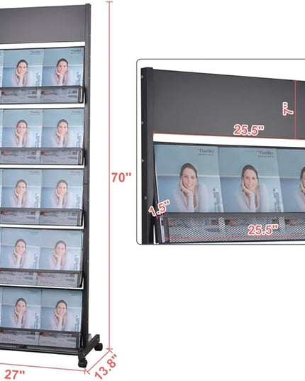 floor magazine rack brochure display stand for offices and public reception area，literature rack with 4 Universal wheels (70"×27×13.8")