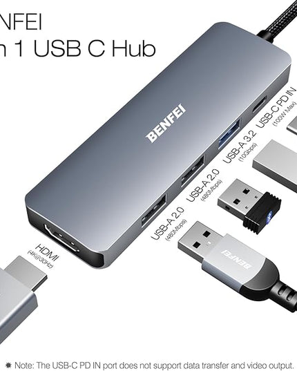 BENFEI USB C Hub 5-in-1 with 4K HDMI(Certified), 100W Power Delivery, 3 USB-A, Silicone Cable, Aluminum Case Compatible with MacBook Pro/Air, iPad Pro, iMac, iPhone 15 Pro/Pro Max, XPS, Thinkpad