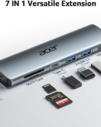Acer USB C Hub, 7 in 1 Multi-Port Adapter for Laptop, 4K, HDMI Splitter with 2 USB A 3.1 & Type-C to HDMI Data Port, PD 100W Charging, SD Card Reader for Computer, Desktop, Space Grey