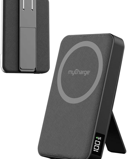 myCharge CliqLuxe+ Magnetic Wireless Power Bank 5,000mAh | iPhone & MagSafe Compatible | Qi2.2 25W Mag Safe Portable Charger | Built-in Wall Plug & Stand | 20W PD USB-C Port | Premium Black Fabric