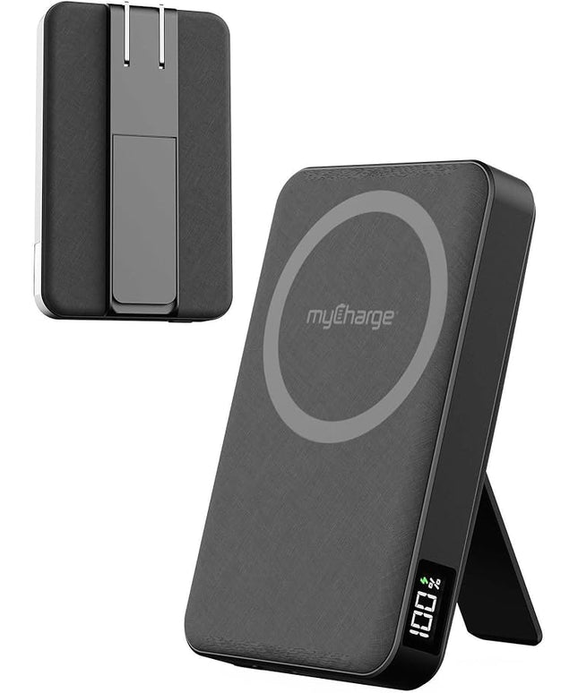 myCharge CliqLuxe+ Magnetic Wireless Power Bank 5,000mAh | iPhone & MagSafe Compatible | Qi2.2 25W Mag Safe Portable Charger | Built-in Wall Plug & Stand | 20W PD USB-C Port | Premium Black Fabric
