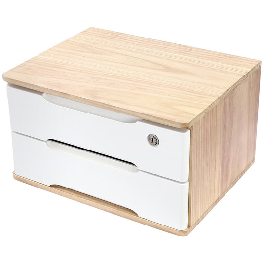 iSamLam Wood Desk Organizer with 2 Drawers, Lockable Desktop Countertop Storage Cabinet for Home Office Supplies File Tabletop Organizing Unit (Wood)