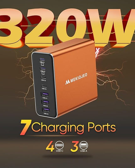 Aluminum Alloy USB C Charger GaN Charger Fast USB C Charging Station 7 Ports 65W Laptop for MacBook Pro/Air/iPad Pro/iPhone (Orange-4C3A)