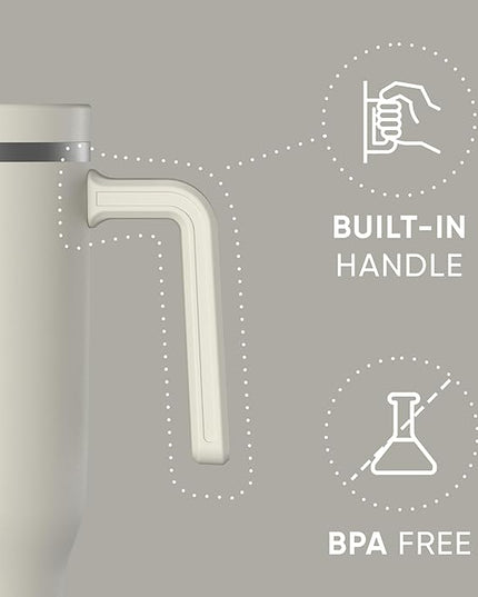 Hydrapeak Voyager 40 Oz Stainless Steel Tumbler with Handle, Insulated Water Bottle With Straw & Lid, Cupholder Friendly Reusable Travel Mug (Ivory)
