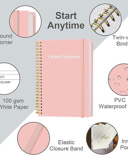 Yaridar A5 Cornell Notes Notebook - College Spiral Cornell Notebooks for Note Taking, Subject College Ruled Notebook Steno Pads for Office/School/Home, 5.8" x 8.5", Pink