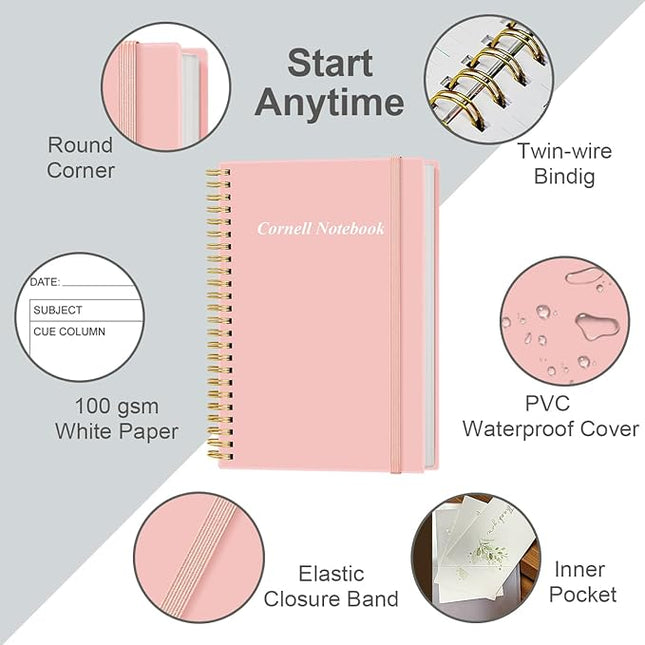 Yaridar A5 Cornell Notes Notebook - College Spiral Cornell Notebooks for Note Taking, Subject College Ruled Notebook Steno Pads for Office/School/Home, 5.8" x 8.5", Pink
