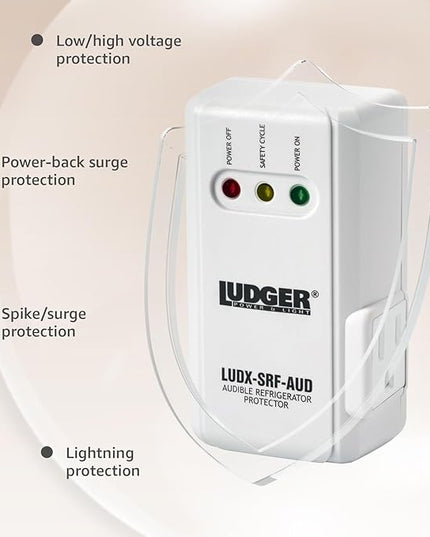 Ludger Power Surge Protector for Appliances (LUDX-SRF-AUD), ETL Certified, Appliance Surge Protector Refrigerator 90 Degrees, Connects to All Types of AC, Unique Side Socket, Audible Alarm