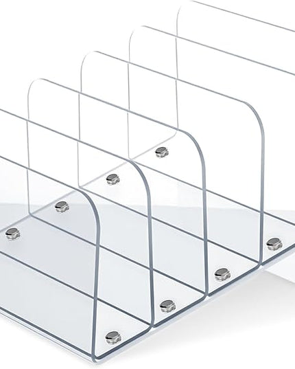 Chunful Acrylic Desk Organizer, 5 Section Desk File Holder Sorter Stand Rack Vertical Organizer Desktop Vinyl Storage Display for Record Album Book Magazine Document Home Office(Clear)