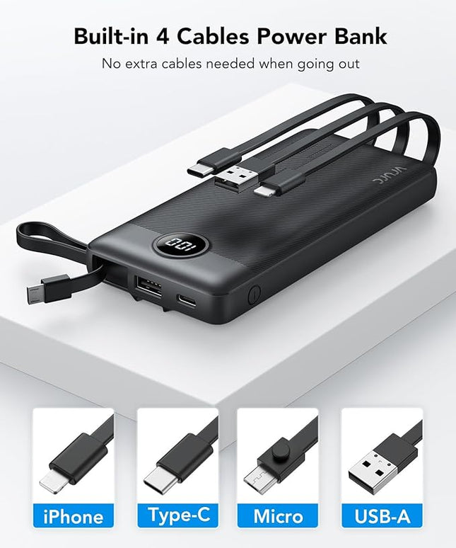 VRURC Portable Charger with Built in Cables, Slim Power Bank 10000mAh, USB C Battery Pack Travel Essential, 5 Outputs 2 Inputs Phone Charging Bank for iPhone 16 15 14 13,Samsung,Android-Black(1 Pack)