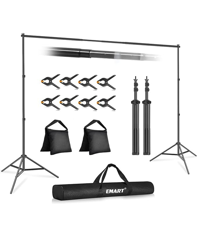 EMART Backdrop Stand 10x7ft(WxH) Photo Studio Adjustable Background Stand Support kit with 2 Crossbars, 8 Clamps, 2 Sandbags and Carry Bag for Parties, Events Decoration, Wedding, Photography