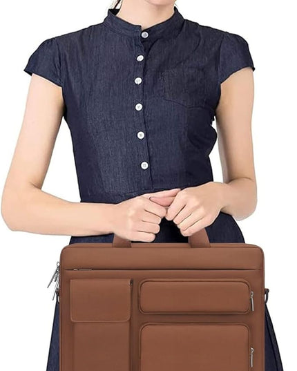 MOSISO Laptop Shoulder Bag 15.6 inch, 15-15.6 inch Computer Bag Compatible with MacBook Pro 16 inch, HP, Dell, Lenovo, Notebook with 2 Raised&1 Flapover&1 Horizontal Pocket&Handle&Belt, Caramel Brown