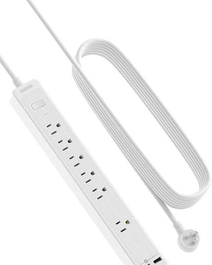 25ft Extension Cord Power Strip, 6 Outlets Surge Protector with 2 USB Ports, 15 A Circuit Breaker, Widely Spaced Outlet, Long Power Strip with Flat Plug Wall Mount for Home Office, Old House