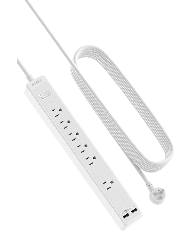 25ft Extension Cord Power Strip, 6 Outlets Surge Protector with 2 USB Ports, 15 A Circuit Breaker, Widely Spaced Outlet, Long Power Strip with Flat Plug Wall Mount for Home Office, Old House