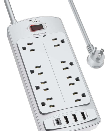 Surge Protector Power Strip - Nuetsa Flat Plug Extension Cord with 8 Outlets and 4 USB Ports, 6 Feet Power Cord (1625W/13A), 2700 Joules, ETL Listed, Grey