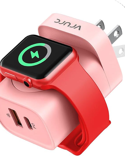 VRURC Charger for iPhone & Apple Watch, 20W USB C Fast Charging Block, 3-in-1 Compact Travel Adapter with 2 Port for iPhone 17/16/15/14/13, Wireless Magnetic for iWatch SE/11/10/9/8/7/6/5/4-Pink