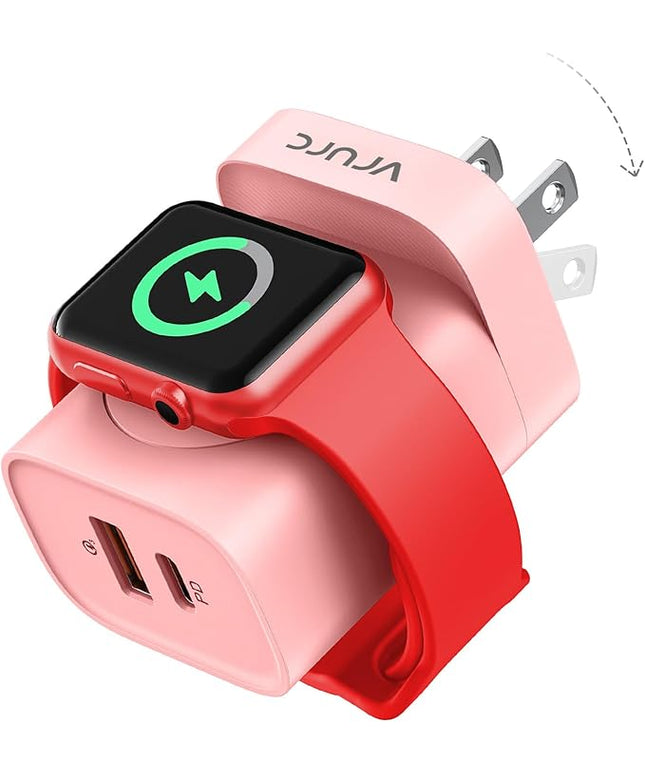 VRURC Charger for iPhone & Apple Watch, 20W USB C Fast Charging Block, 3-in-1 Compact Travel Adapter with 2 Port for iPhone 17/16/15/14/13, Wireless Magnetic for iWatch SE/11/10/9/8/7/6/5/4-Pink