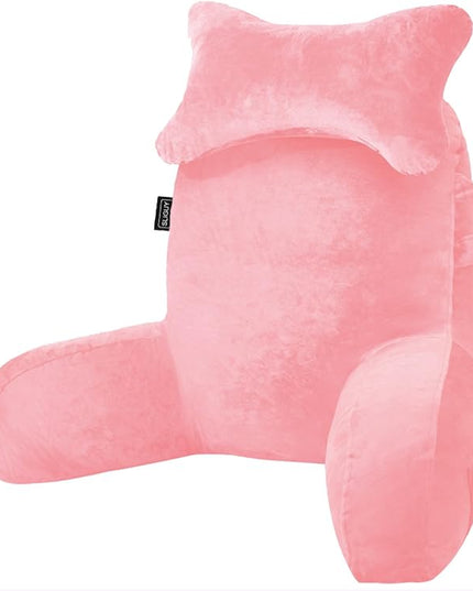 SLIGUY Reading Pillow for Sitting in Bed Couch Adult, Back Pillow with arm Support and Pockets, Adult Back Pillow Bed Chair for Rest, Reading, Watching TV, Gaming for Boys and Girls Pink