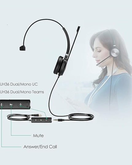 Yealink UH36 Professional USB Headset Wired Headphones for Work Calls and Music, Headset with Noise Cancelling Mic for Computer PC Laptop（UC Compatible, Mono,3.5mm Jack/USB Connection）