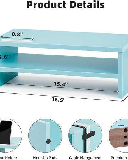 Marbrasse Monitor Stand Riser, 16.5 Inch 2 Tier Computer Printer Shelf Stand for Laptop Computer Screen Storage, Desktop Stand with Phone Holder and Cable Management (Blue)