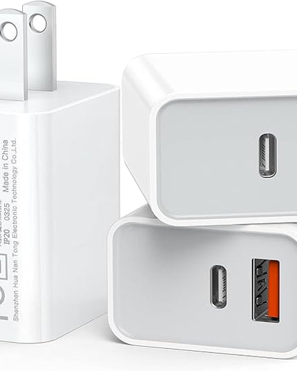 USB C Wall Charger Block 20W, 3-Pack Dual Port PD Power Delivery Fast Type C Charging Block Plug Adapter for iPhone 12/13/14/15/16/17/Pro Max, XS/XR/X, iPad Pro, AirPods Pro, Samsung Galaxy(White)