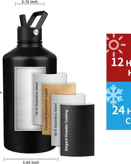 Insulated Water Bottle 128oz,Triple Wall Vacuum Stainless Steel(Dishwasher Safe),Leak Proof & Non-BPA,Flask Jug with Paracord Handle & Straw Spout Lids Sports Black