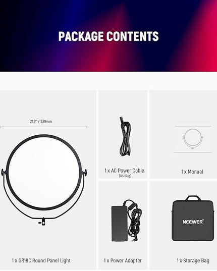 NEEWER 18" RGB LED Round Panel Video Light with APP Control, 65W 6000Lux/0.5m 2500K-8500K RGBCW Photography Studio Lighting /18 Scenes/V Battery Powered for Outdoor Filming Recording Streaming, GR18C