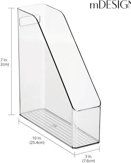 mDesign Plastic Slim Vertical File Folder Storage Organizer Bin with Handle - Hold Notebooks, Binders, Envelopes, Magazines for Home Office, Work Desktops, Ligne Collection, Clear