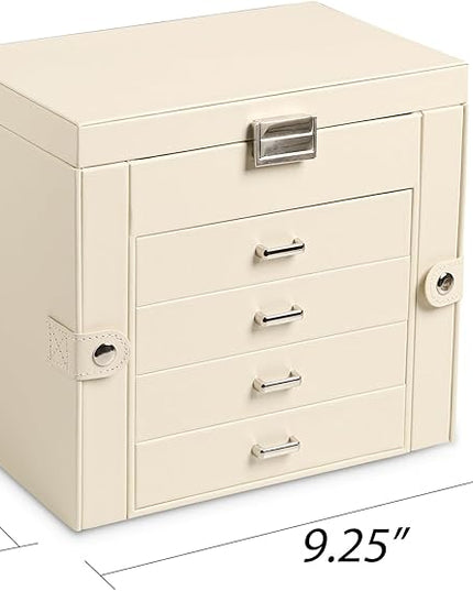 Frebeauty 5-layer Jewelry Box,Faux Leather Jewelry Organizer with 4 Drawers,Jewelry Organizers and Storage with Mirror,Jewelry Holder Organizer for Necklace,Jewerly Boxes for Women Girls(Beige)