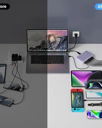 USB C Charger 200W USB C Charger Block GaN III 8-Port Fast Charging Station PD 65W Laptop Charger Adapter Compatible with MacBook Pro/Air,DELL,HP Surface,iPhone 15/14/13,Galaxy S23/22 (Purple)