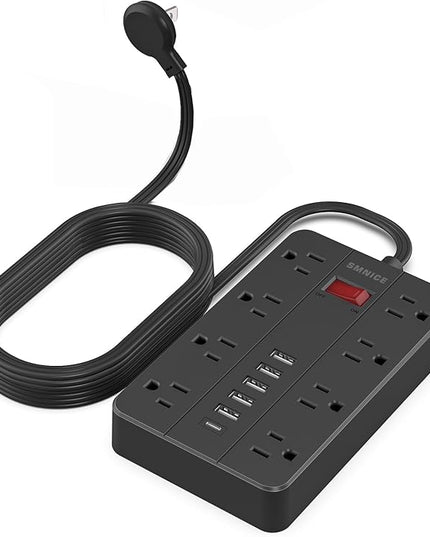 10 Ft Extension Cord Surge Protector, SMNICE 8 Widely Spaced Outlets and 6 USB (1 USB C) Charging Ports Flat Plug Power Strip, Desktop Power Cord for Travel Home Office Accessories Black