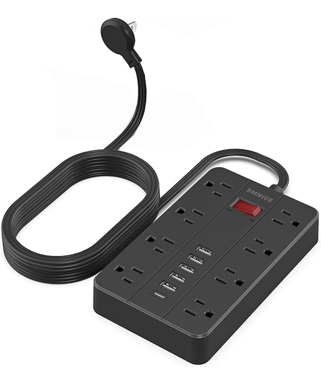 10 Ft Extension Cord Surge Protector, SMNICE 8 Widely Spaced Outlets and 6 USB (1 USB C) Charging Ports Flat Plug Power Strip, Desktop Power Cord for Travel Home Office Accessories Black