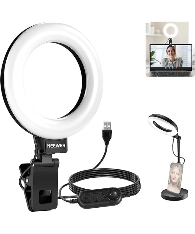 NEEWER Basics 5" LED Desktop Ring Light with Stand, Monitor Clamp, 10W, Compatible with iPhone Desk Computer Laptop Webcam Phone for Selfie Makeup Recording Zoom Video Conference Lighting, Black BR60