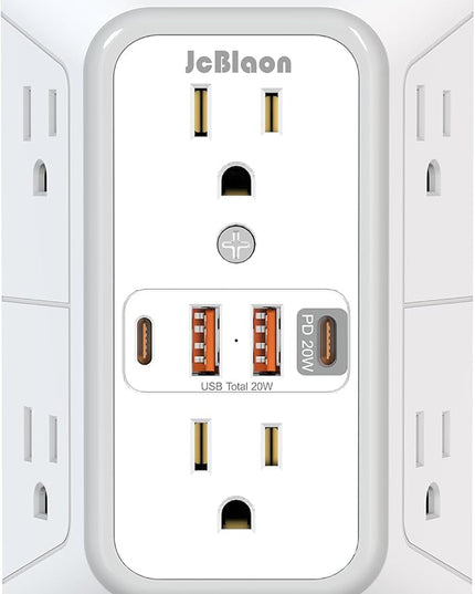 JcBlaon Multi Plug Outlet Surge Protector, Wall Charger with 6 Outlet Splitter with 4 USB Ports(PD 20W), 3-Sided 1050J Surge Protector Power Strip for Home Office Dorm Room Essentials