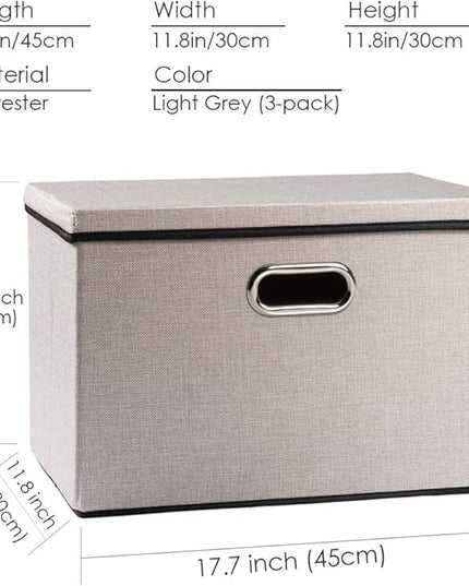 PRANDOM Large Foldable Storage Bins with Lids [3-Pack] linenFabric Decorative Storage Boxes Organizer Containers Baskets Cube with Handles Divider for Bedroom Closet Office Light Grey(17.7x11.8x11.8)