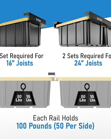 HANDT Overhead Garage Storage Rack, Connectable Heavy Duty Metal Ceiling Rails For Garage Storage Organization Shelving System, Hanging Racks For Tote Containers, Supports Up To 3 Bins, 2 Sets Black