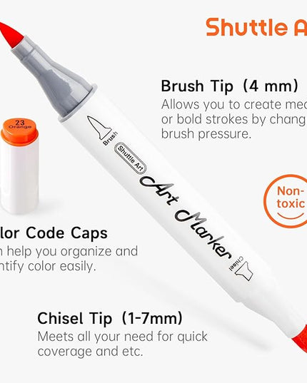 Shuttle Art Alcohol Markers Brush tip, Dual Tip Brush & Chisel Tip Art Marker Set, 50 Colors plus 1 Blender Permanent Marker Pens with Case Perfect for Illustration Students Adults Coloring