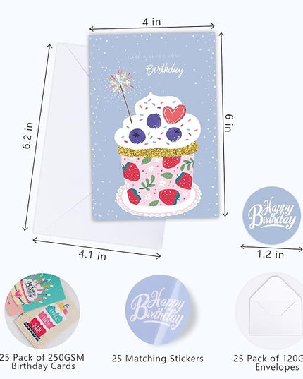 FUHITIM Birthday Cards,25 Pcs Blank Cards with Envelopes & Stickers,25 Design,4x6 Inches Happy Birthday Card,Birthday Card for Kids,Friends,Family and Colleagues