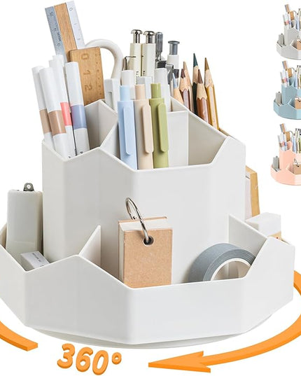 Pencil Pen Holder for Desk,9 Slots 360 Degree Rotating Desk Organizers,Desktop Storage Stationery Supplies Organizer, Cute Pencil Cup Pot For Office, School, Home(White)