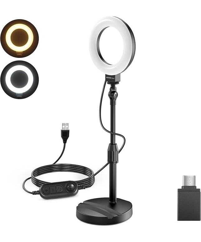 NEEWER Basics 5"/13cm Desk Ring Light with Stand, Phone Holder Base, 10W LED Selfie Light Compatible with iPhone for Video Recording Laptop Webcam Zoom Video Conference Lighting Makeup, Black BR60