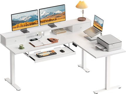 OffiGo 59 Inch L Shaped Electric Standing Desk with Drawers, Height Adjustable Corner Computer Desk with Keyboard Tray & Monitor Stand, Stand Up Table for Home Office Workstation, White