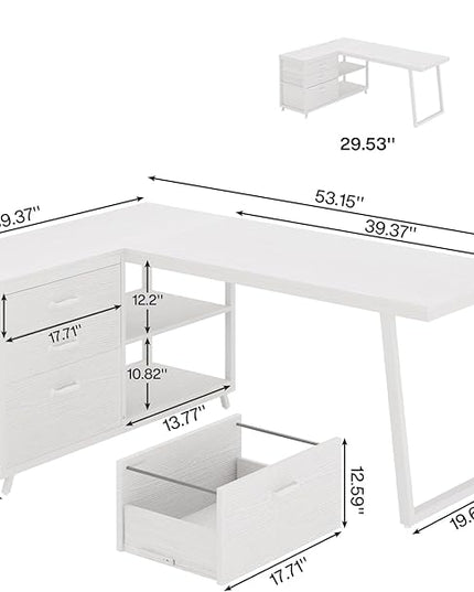 Tribesigns L-Shaped Computer Desk with 3 Drawers, Reversible Corner Home Office Desk with Shelves, 53-Inch Industrial PC Desk Study Writing Table Workstation for Small Space, White