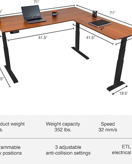 S STAND UP DESK STORE Triple Motor Electric L-Shaped Corner Standing Desk with EZ Assemble Frame (Black Frame/Teak Top, 71in W x 71 inch D