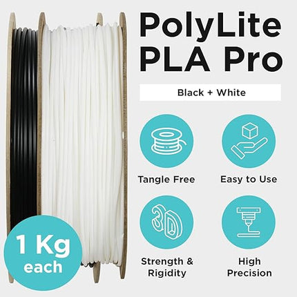 Polymaker PLA PRO Filament 1.75mm 2kg, Tough & High Rigidity Black*1_ White*1 3D Printing Filament, PolyLite PLA PRO 3D Printer Filament 1.75mm, Print with Most 3D Printers