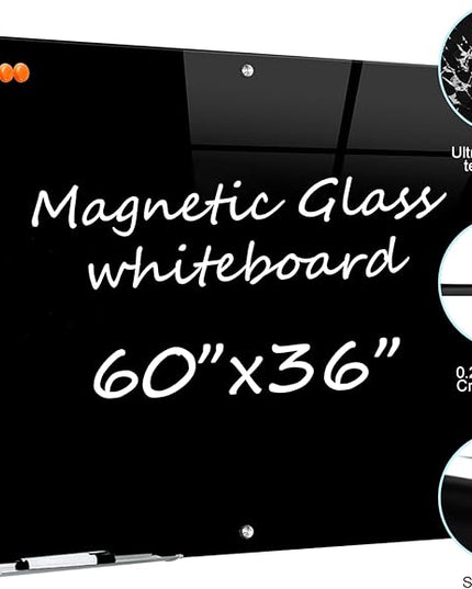 Glass Dry Erase Black Board - Magnetic Blackboard 60"X36" Frameless White Board Clear Glass Boards with Super Strong Magnets, Wall Mounted for Office, Classroom and Home