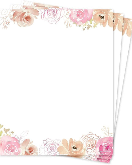 THiNKABLE Floral Stationery Paper, 50 Sheets, 8.5x11, Pink, Decorative, Writing Paper