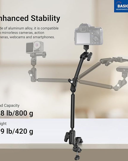 NEEWER Basics Magic Arm Desk Mount, 22" Overhead Mic Stand Boom Arm Desktop Phone Holder with 1/4" 3/8" Threads for ARRI, for DSLR Action Camera Webcam Microphone LED Light for Video Recording, UA061